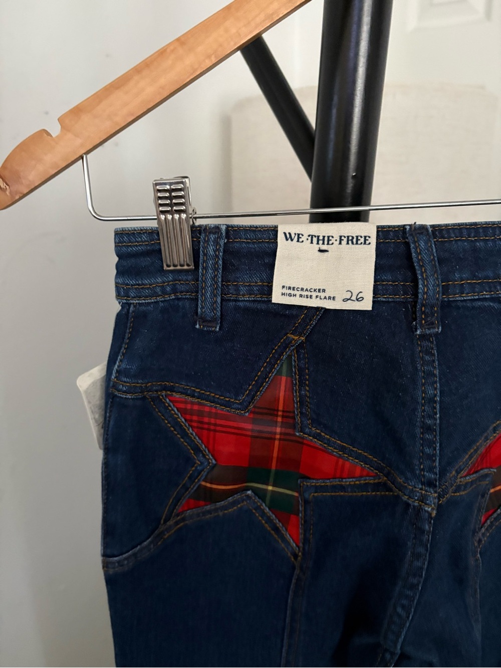 NWT FREE PEOPLE WE THE FREE Firecracker Flare Jeans | Holiday Tartan MSRP $168 - Picture 8 of 10
